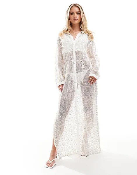 Белое пляжное платье макси River Island с вышивкой пайетками