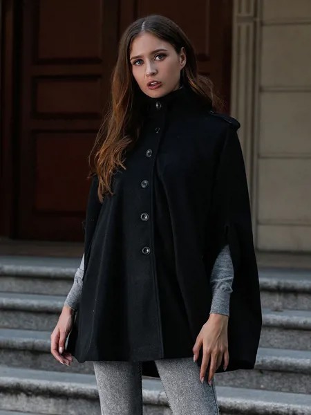 Milanoo Women Coat Turndown Collar Long Sleeves Buttons Casual Oversized Black Winter Coat