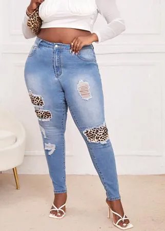 Размера плюс Рваные джинсы скинни с высокой талией с леопардовым принтом