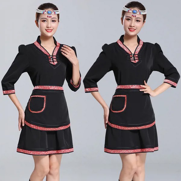 Женский монгольский черный халат, повседневная одежда, Комбинезоны для официантов в монгольском ресторане, гостинице, Одежда для танцев и п...