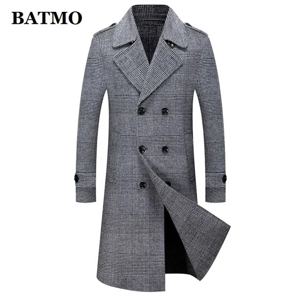 Тренчкот BATMO длинный мужской, двубортный, 2022 шерсть, в клетку, 80%