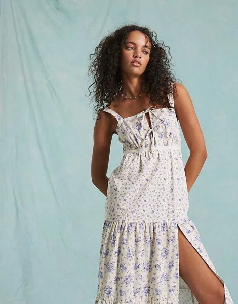 Платье макси Miss Selfridge – из многоярусного поплина с кружевной отделкой и синим цветочным принтом
