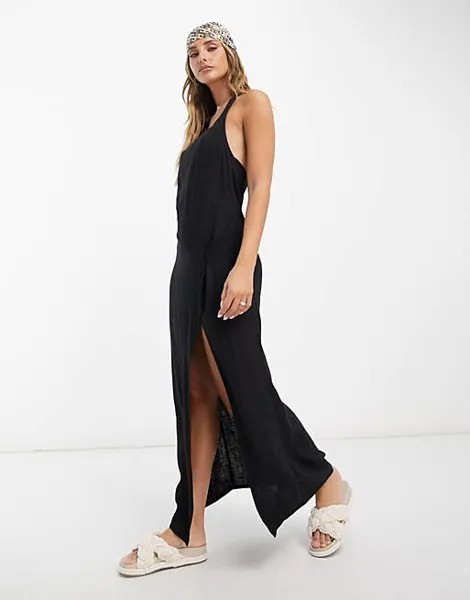Черный льняной сарафан макси с узлом и бретельками ASOS DESIGN