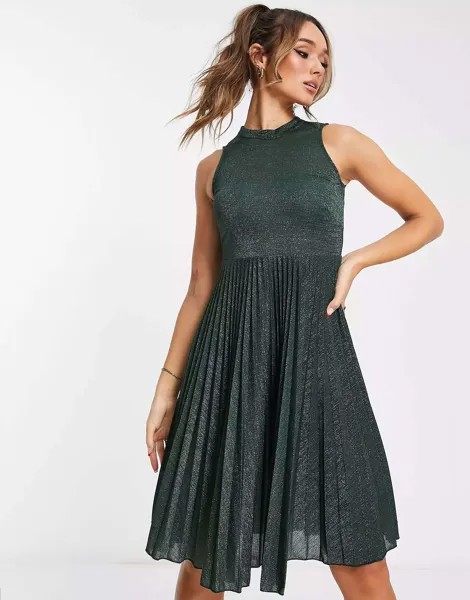 Платье миди металлического изумрудного цвета с высоким воротником и плиссировкой Closet London