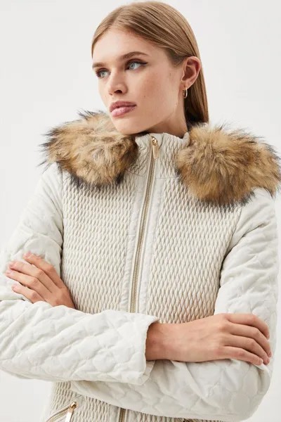 Удлиненное пальто Signature Quilt с капюшоном из искусственного меха Karen Millen, белый