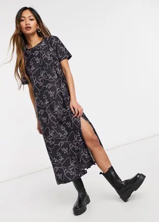 Платье-футболка миди в стиле oversized с графическим принтом в виде лица Urban Threads-Зеленый цвет