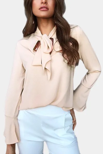 Телесная шифоновая блуза с завязками Дизайн с расклешенными рукавами