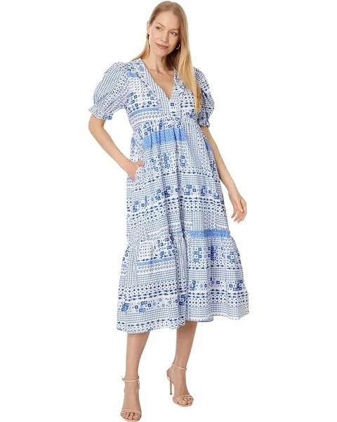 Платье English Factory Geometric Print Tiered Midi, синий