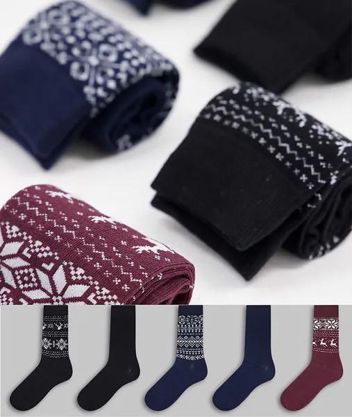 Набор из 5 пар разноцветных носков с новогодним принтом Фэйр-Айл Jack & Jones-Темно-синий
