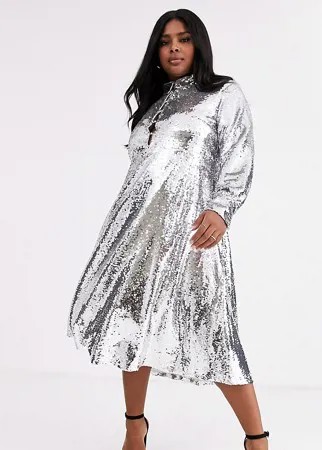 Платье-рубашка миди с пышной юбкой и пайетками Neon Rose Plus-Серебряный