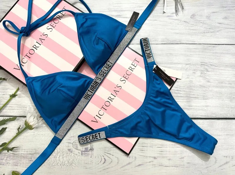 Victorias Secret Swim Shine Strap Triangle Top Thong Bottom Set Blue