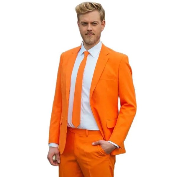 Модное мужское вечернее платье оранжевого цвета, потрясающие деловые костюмы, пальто, брюки, смокинг для жениха на заказ (пиджак + брюки + галстук-бабочка), K:230