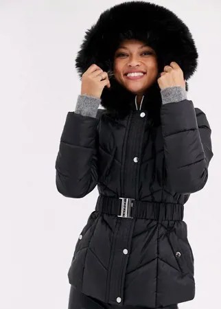 Черное дутое пальто с капюшоном и искусственным мехом Lipsy-Черный