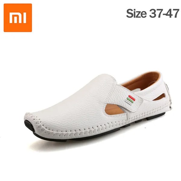 Мокасины Xiaomi мужские кожаные, модные сандалии, повседневные легкие лоферы, плоская подошва, липучка, дышащие, белые, для вождения