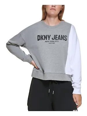 DKNY JEANS Женский серый ребристый пуловер с круглым вырезом и длинными рукавами с логотипом Толстовка L