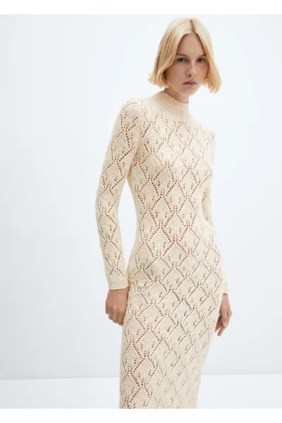 Ажурное детальное трикотажное платье Mango, экрю