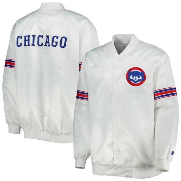 Мужская белая атласная университетская куртка с полной застежкой Chicago Cubss Power Forward Starter