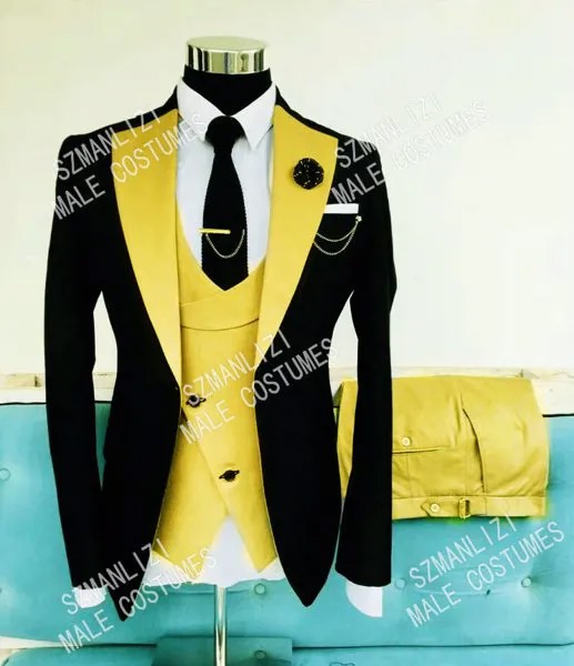 SZMANLIZI 2020 классические желтые черные облегающие мужские свадебные костюмы из 3 предметов смокинг для жениха с заостренным лацканом деловые к...
