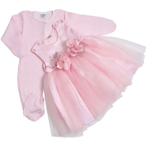 Комплект одежды  Clariss для девочек, платье и комбинезон, нарядный стиль, подарочная упаковка, без карманов, без капюшона, застежка под подгузник, размер 26 (80-86), розовый