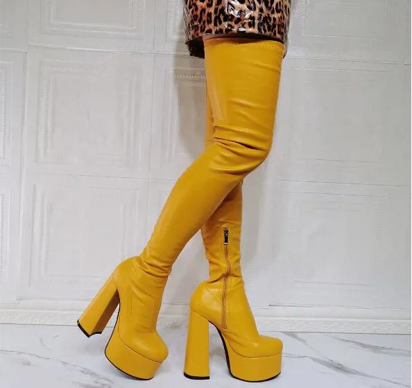 Модные Женские однотонные кожаные сапоги выше колена желтого цвета, женские сапоги с круглым носком на платформе и массивном каблуке, рыцарские ботфорты до бедра