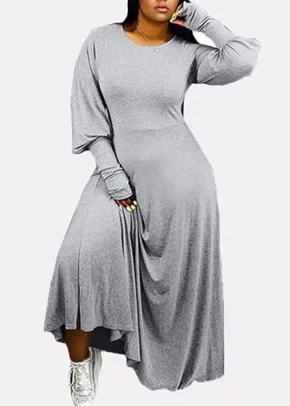 Повседневный однотонный рукав с круглым вырезом и фонариком Plus Размер макси Платье для Женское