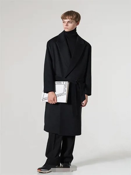 Пальто мужское шерстяное свободного покроя, темное городское молодежное пальто с поясом, Длинная ветровка в британском стиле, большие разм...