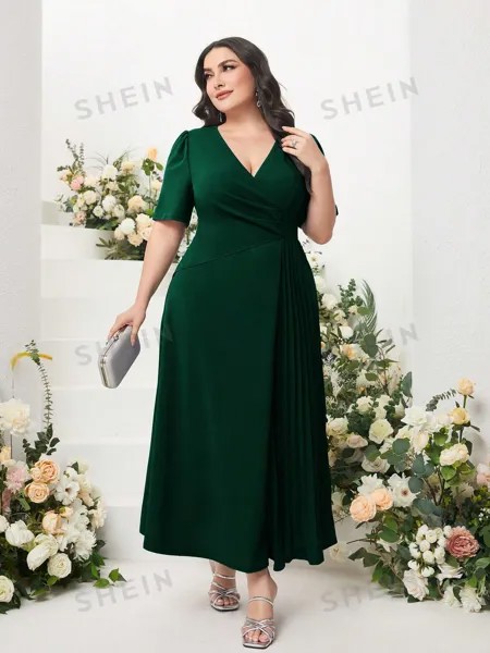 Платье Modely Plus, воротник-стойка, складки, вставки, запах спереди Shein, темно-зеленый