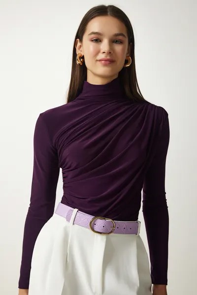 Женская сливовая блузка песочного цвета со сборками и высоким воротником Happiness Istanbul, фиолетовый
