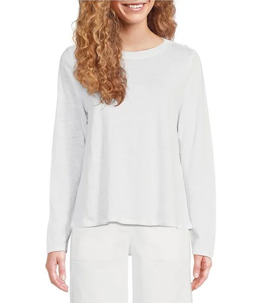 Футболка из органического льна Eileen Fisher маленького размера с круглым вырезом и длинными рукавами, белый