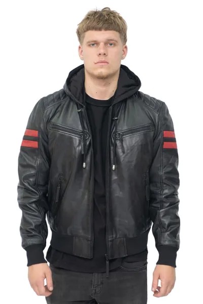 Кожаный бомбер в стиле ретро с капюшоном - Скопье Infinity Leather, черный