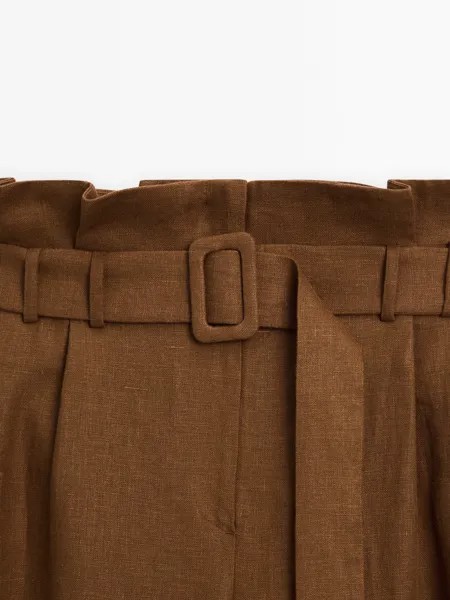 Льняные брюки с вытачками на талии - ателье Massimo Dutti, camel