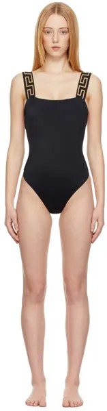 Черный цельный купальник с каймой Greca Versace Underwear