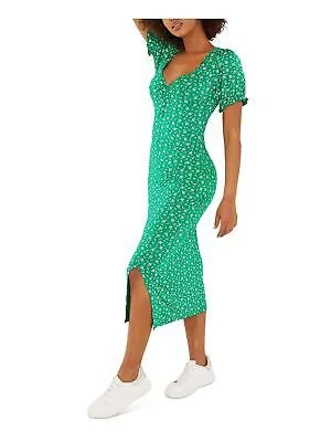 Женское зеленое вечернее платье-футляр миди с V-образным вырезом и рукавами-пуфами с рюшами и разрезами QUIZ 8