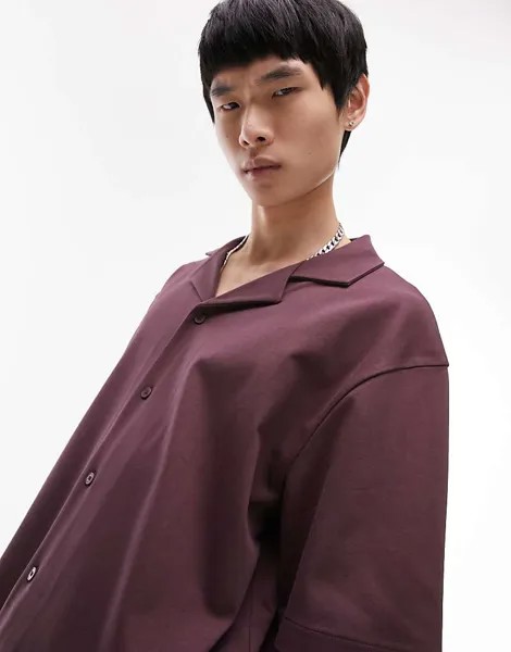 Коричневая рубашка-поло оверсайз Topman – с планкой на пуговицах во всю длину и воротником с лацканами