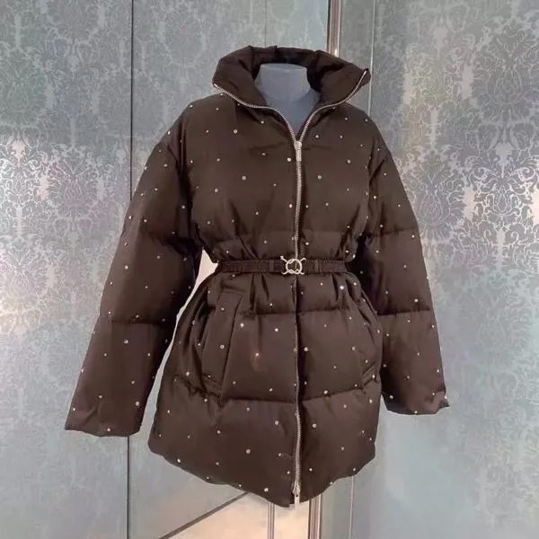 Женская зимняя утепленная парка средней длины 2021, женская теплая куртка, новая хлопковая одежда Стразы с бисером на талии