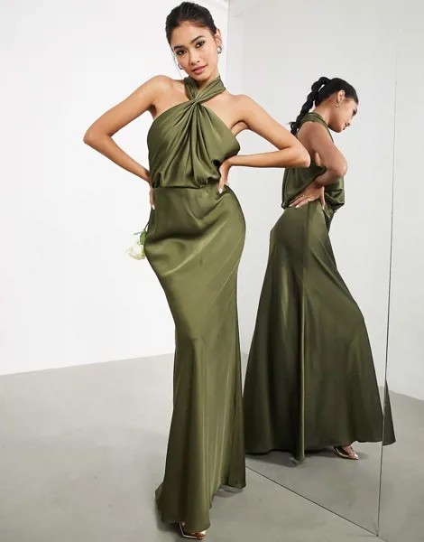 Атласное платье макси оливкового цвета со сборками и бретелью через шею ASOS EDITION-Зеленый цвет