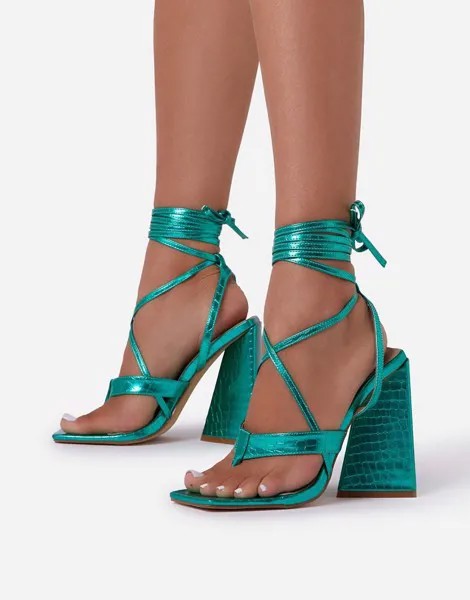 Босоножки на каблуке пирамидной формы с тиснением под крокодиловую кожу зеленого цвета с эффектом металлик Ego Salma-Зеленый цвет
