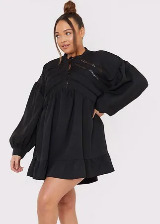 Черное платье-мини с присборенной юбкой, объемными рукавами и пуговицами спереди In The Style Plus x Lorna Luxe-Черный цвет
