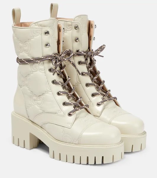 Стеганые кожаные ботинки на шнуровке с узором GG Gucci, белый