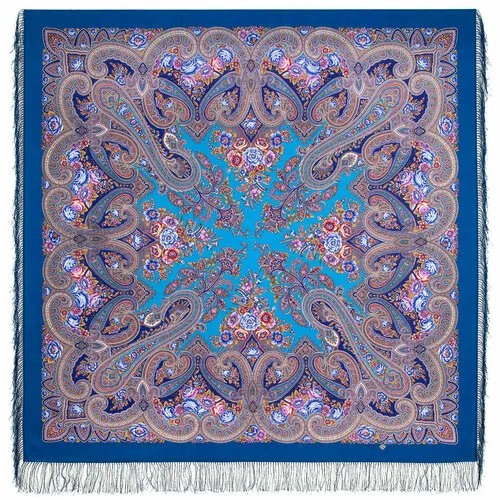 Платок Павловопосадская платочная мануфактура,146х146 см, голубой, розовый