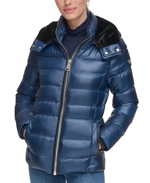 Женское блестящее пуховое пальто с капюшоном Calvin Klein, синий