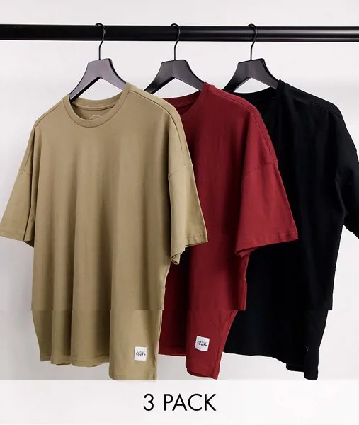 Набор из 3 oversized-футболок бордового/серо-бежевого/черного цвета Native Youth-Разноцветный