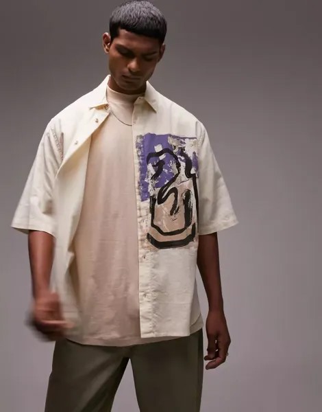 Рубашка Topman с короткими рукавами цвета экрю, свободного кроя и размещенным принтом