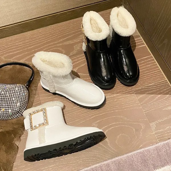 Меховые зимние ботинки, толстая хлопковая обувь, бархатные теплые ботинки, стандартные одиночные кроссовки с квадратной пряжкой, увеличенные кроссовки