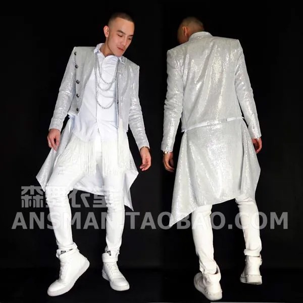 Ночной клуб Мужской DJ мужской певец бар GD такой же параметр Серебряный супер блестящий длинный съемный костюм куртка костюм
