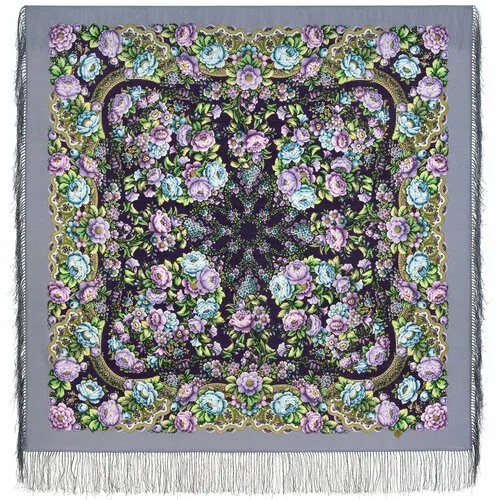 Платок Павловопосадская платочная мануфактура,125х125 см, фиолетовый, зеленый