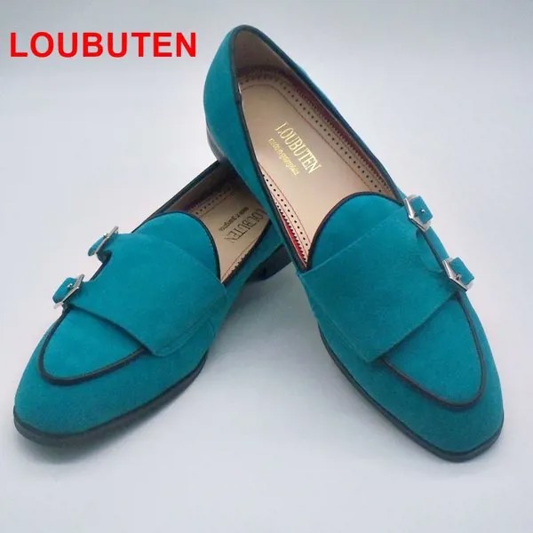 Лоферы LOUBUTEN Monk Strap мужские, роскошные небесно-голубые замшевые кожаные повседневные туфли, дизайнерская летняя обувь для вечеринки и свадьб...