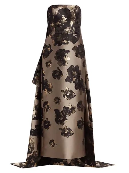 Жаккардовое платье с цветочным принтом и эффектом металлик Amsale, цвет beige black gold