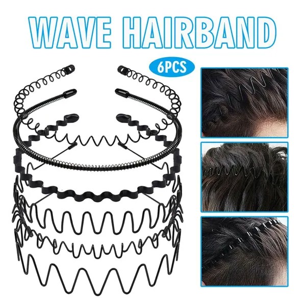 Tingml 6PCS Блэк Металл Спортивная повязка для волос Повязка на голову Волна Волосы Мужчины Женщины