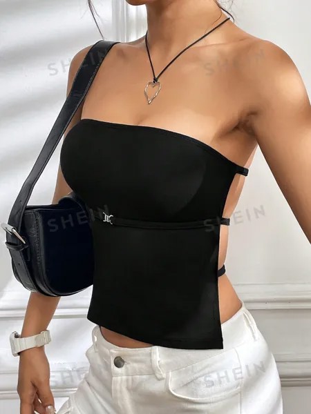 SHEIN EZwear Женский модный облегающий топ с открытой спиной и без бретелек, черный